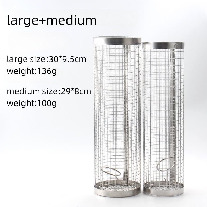 Outdoor Camping Barbecue Stainless Steel Wire Mesh Cylinder Rolling Grilling Basket