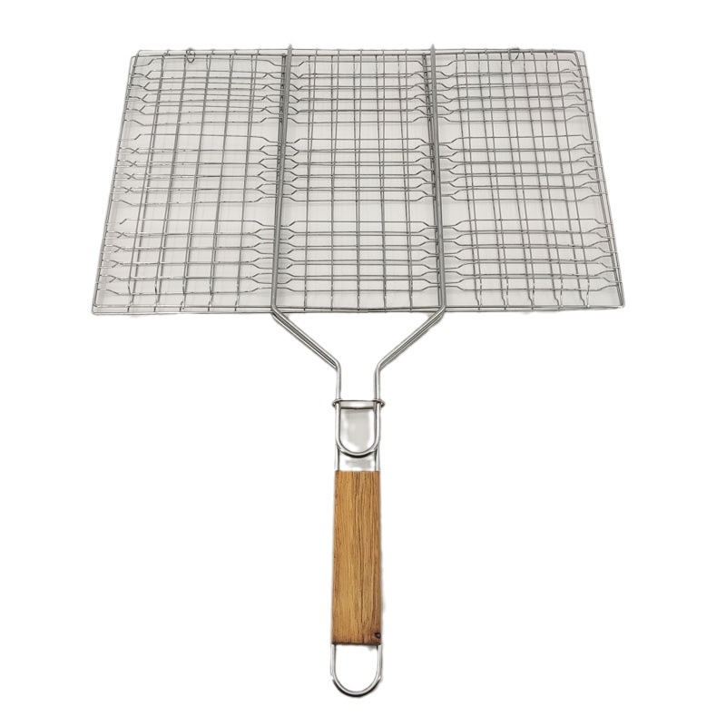 High Quality Stailess Steel Bbq Roasting Clips Wire Mesh Net with Wooden Handle