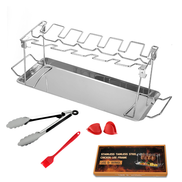Folding Stainless Steel Chicken Leg&Wing Rack for Grill with Drip Tray/Pan