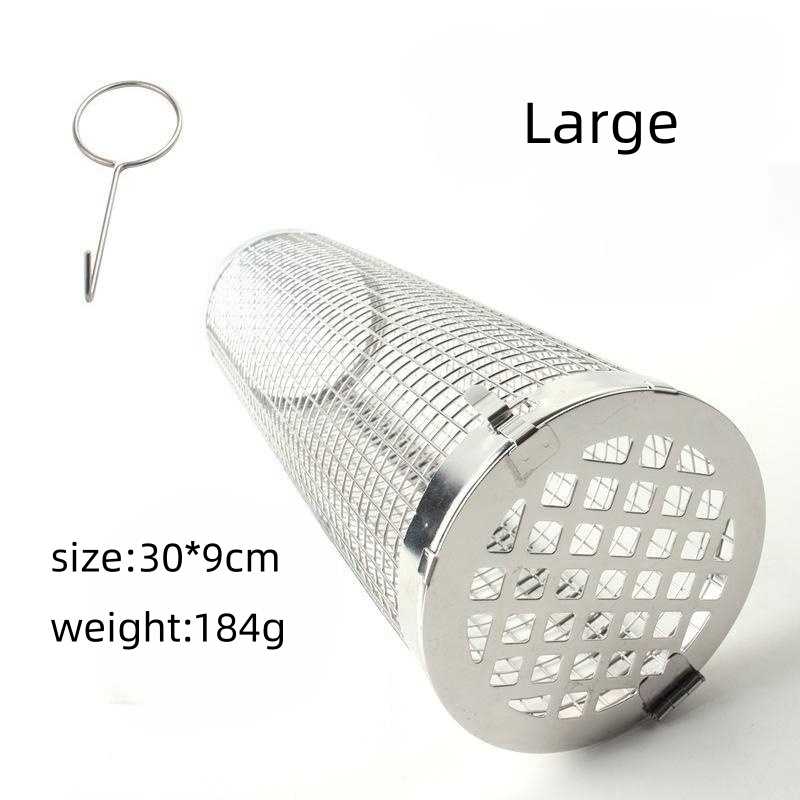 Round Stainless Steel Metal Net Tube Bbq Barbecue Cylinder Rolling Grilling Basket