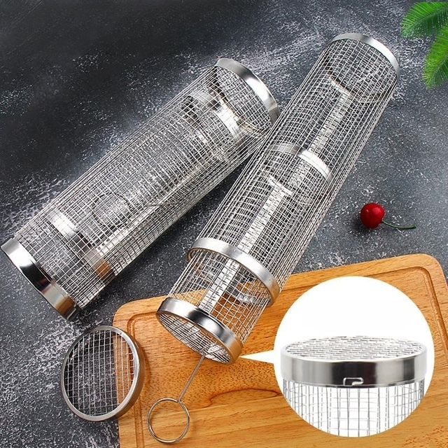 Portable Stainless Steel Small/Smaller Cylinder Rolling Bbq Grill Baskets Metal Wire Mesh Net Tube